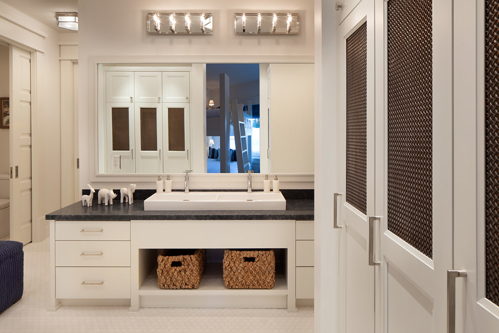 Large transitional kids bathroom in Salt Lake City with flat-panel cabinets, white cabinets, a two-piece toilet, a trough sink and grey benchtops.