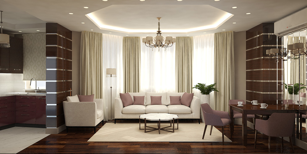 Гостиная-кухня с эркером, диванной и столовой группами