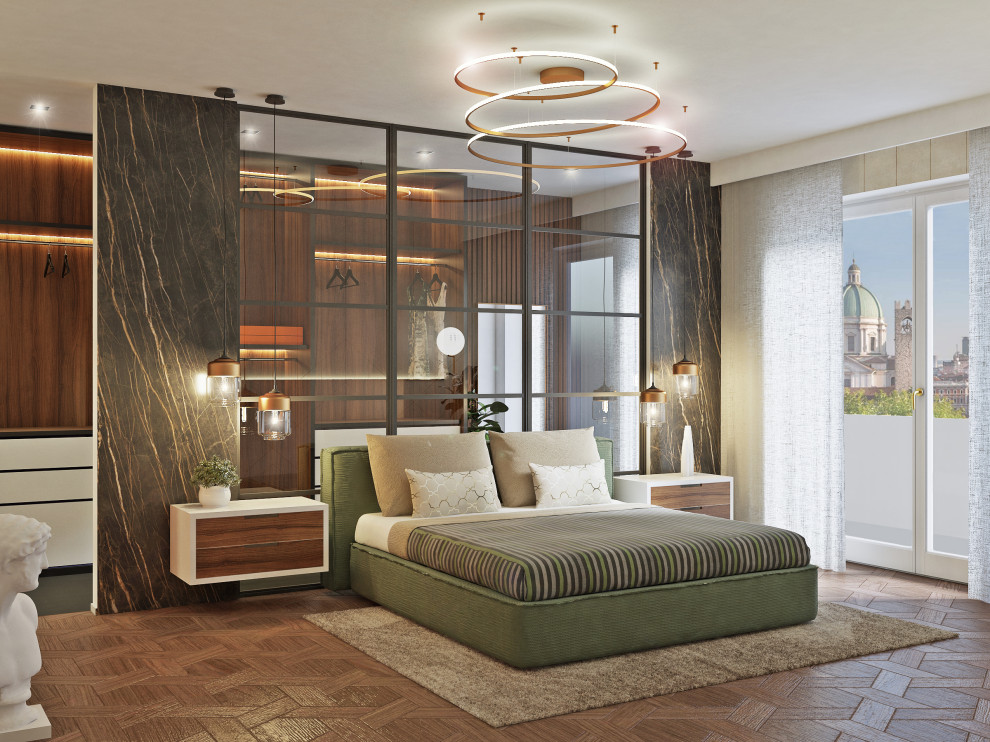 This is an example of a large modern master bedroom in Milan with beige walls, light hardwood floors, a hanging fireplace, a metal fireplace surround and brown floor.