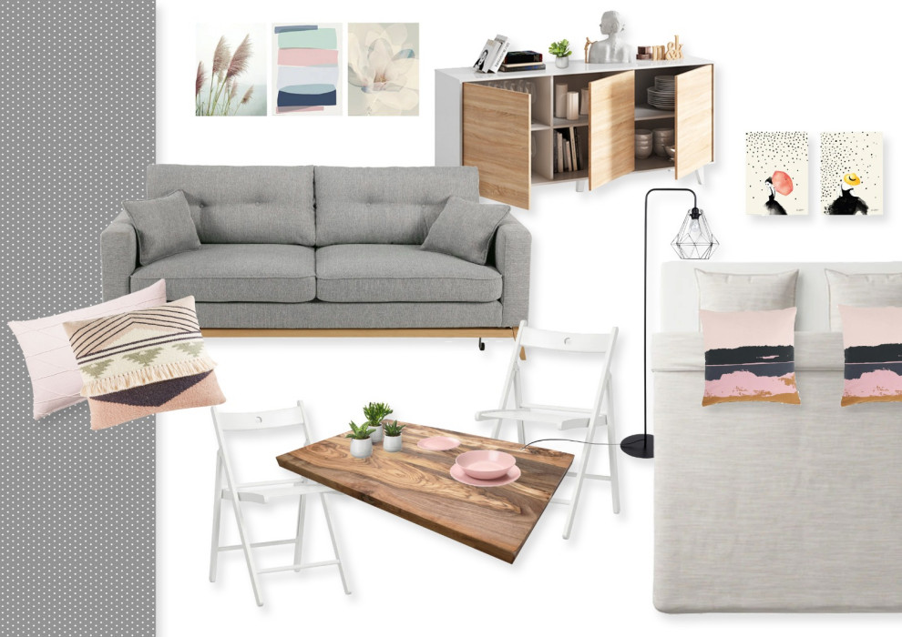 Foto de sala de estar abierta escandinava pequeña sin chimenea y televisor con paredes blancas, suelo de baldosas de porcelana, suelo gris y papel pintado