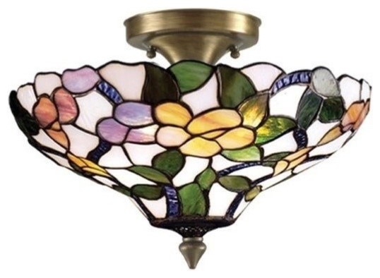 Dale Tiffany 3 Light Peony Semi Flush Mount Antique Brass