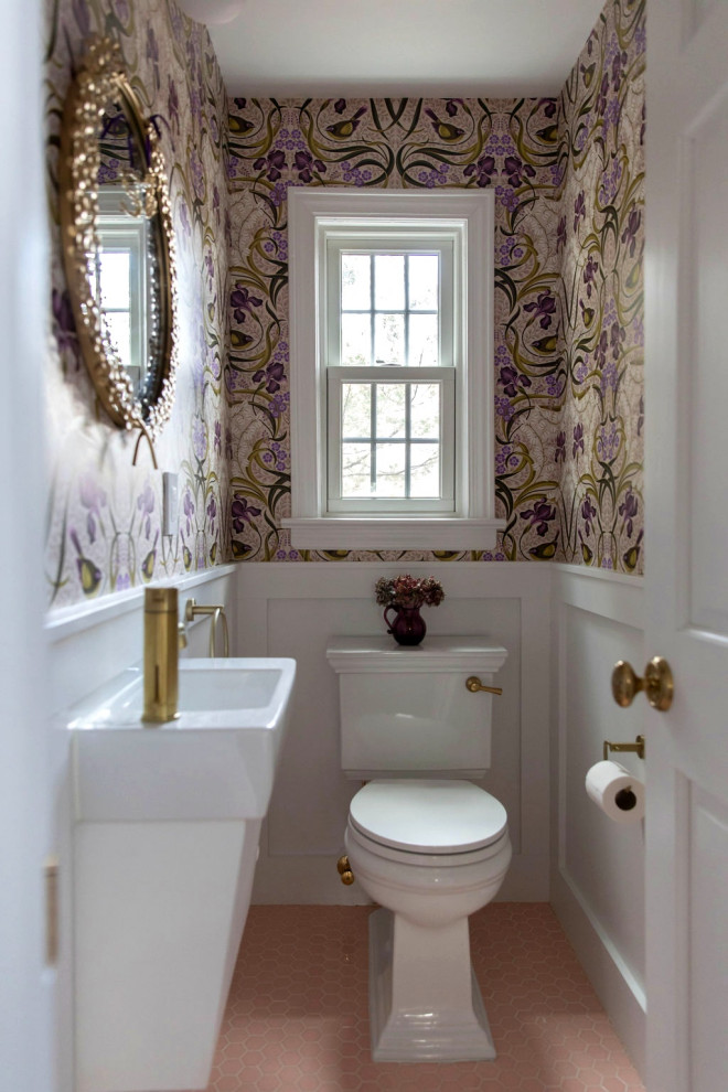 Jewel Box Powder Room with Pink Hex Tile Floor - Transitional - Powder ...