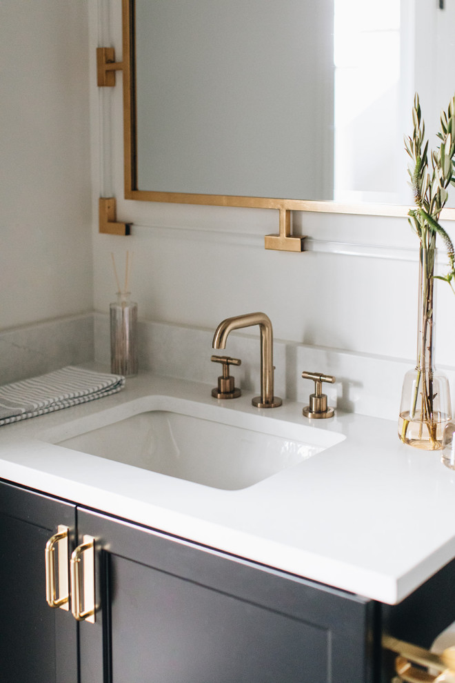 Bathroom - small transitional open concept dark wood floor and brown floor bathroom idea in Chicago with a standard fireplace, a tile fireplace, a wall-mounted tv, shaker cabinets, black cabinets, a two-piece toilet, white walls, an undermount sink, quartz countertops and white countertops