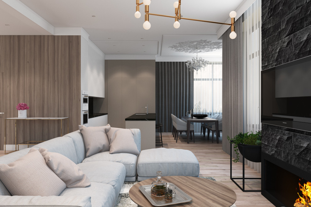 Гостиная с кухней в загородном доме