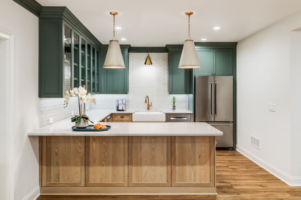 Inspiration for a large transitional walk-out vinyl floor and beige floor kitchen remodel in Atlanta with a bar and white walls