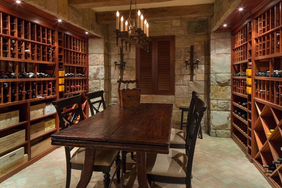 This is an example of a mid-sized country wine cellar in New York with brick floors, storage racks and multi-coloured floor.