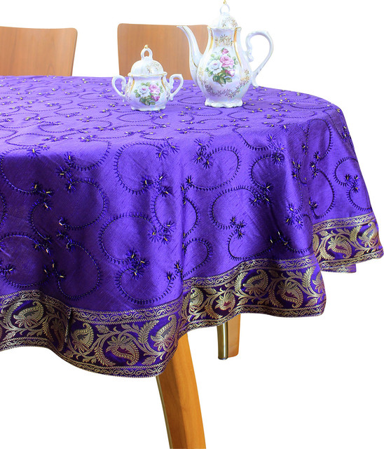 Hand Embroidered Round Tablecloth Traditional Tablecloths By Hand Embroidered Round Tablecloth Plum Purple 85