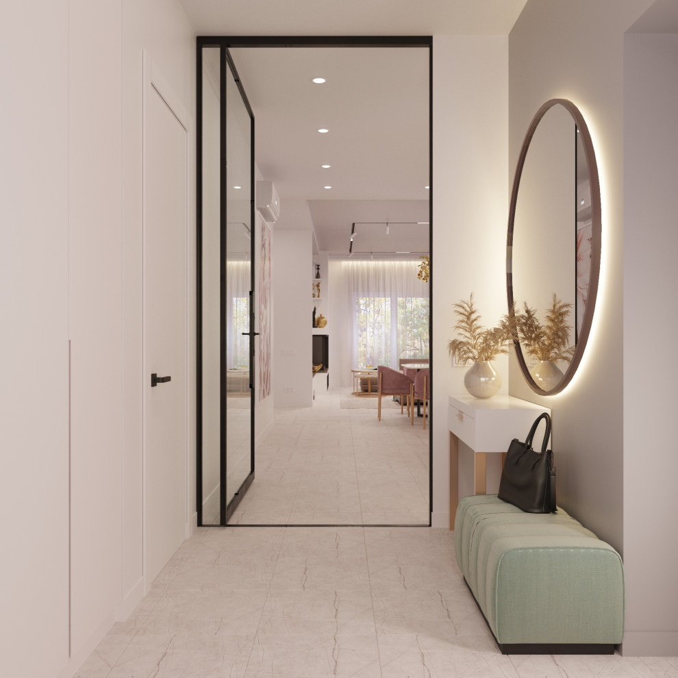 Große Moderne Haustür mit beiger Wandfarbe, Keramikboden, Einzeltür, Haustür aus Glas, beigem Boden und vertäfelten Wänden in Sonstige