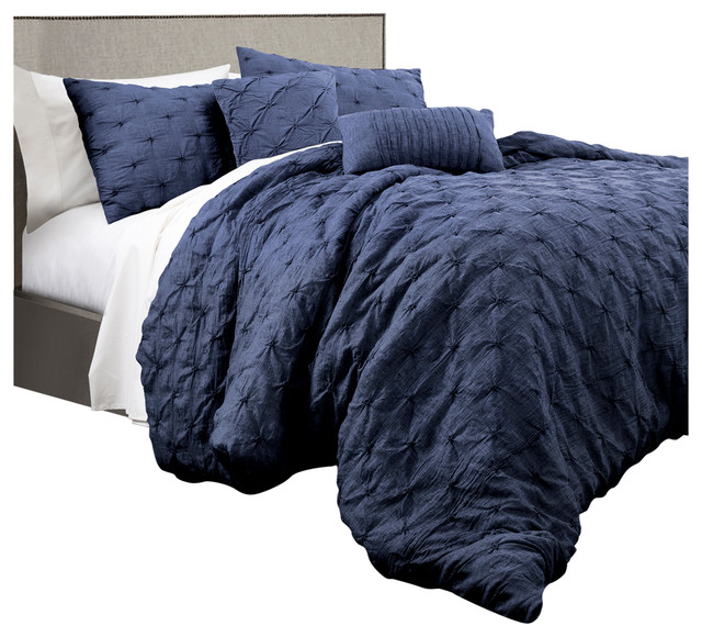 Ravello Pintuck Comforter Navy 5Pc Set Full/Queen Contemporary