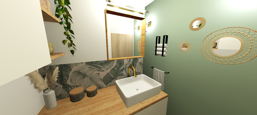 Idée de décoration pour une salle d'eau nordique avec un carrelage imitation parquet, un sol en carrelage imitation parquet, un plan de toilette en stratifié et meuble simple vasque.