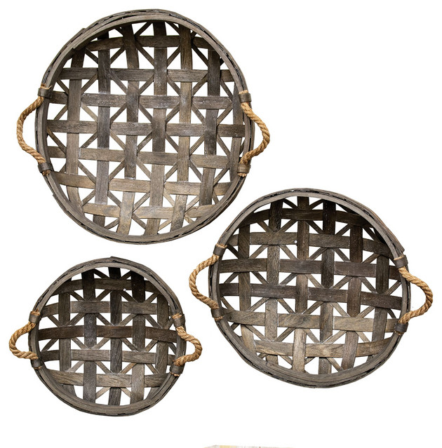 Natural Round Tobacco Baskets With Jute Handles, Set of 3 Beach Style