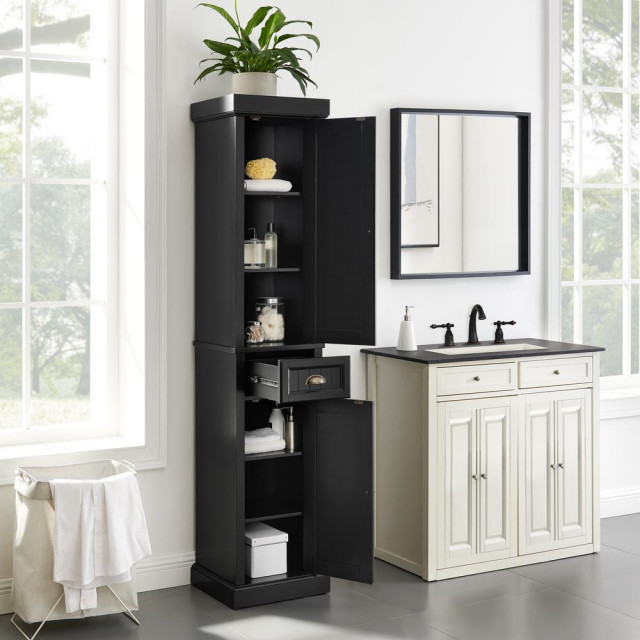 Seaside Tall Linen Distressed Black Transitional Pantry
