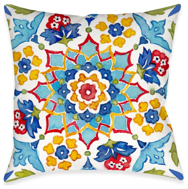 Mediterranean Medallion Floral Outdoor Pillow, 18"x18"