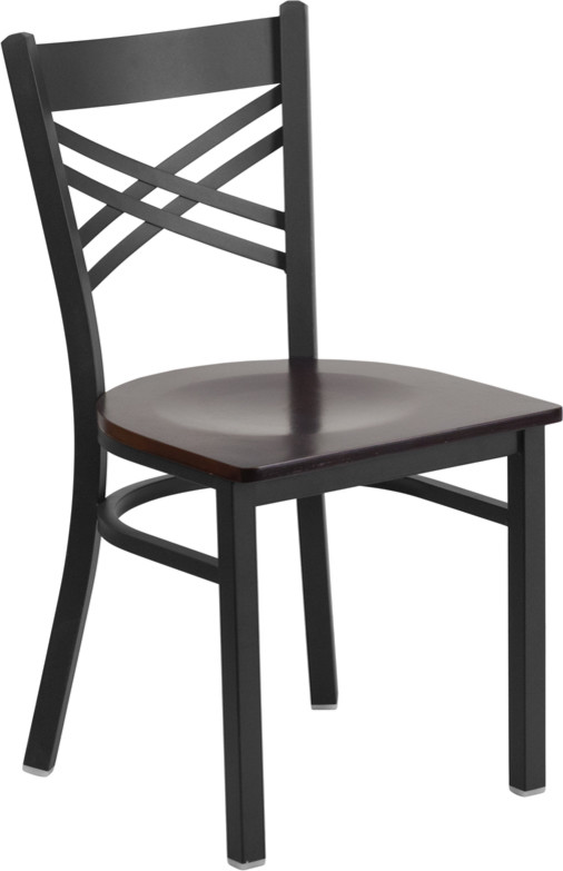 Hercules Series Black ''X'' Back Metal Chair, Walnut Wood Seat