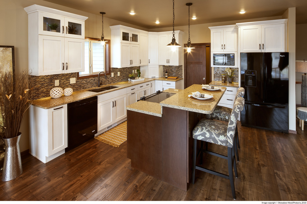Kitchen - l-shaped kitchen idea with black appliances and an island