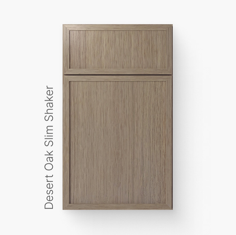 Desert Oak Slim Shaker cabinet door with rift cut white oak grain, recessed center panel and square edges