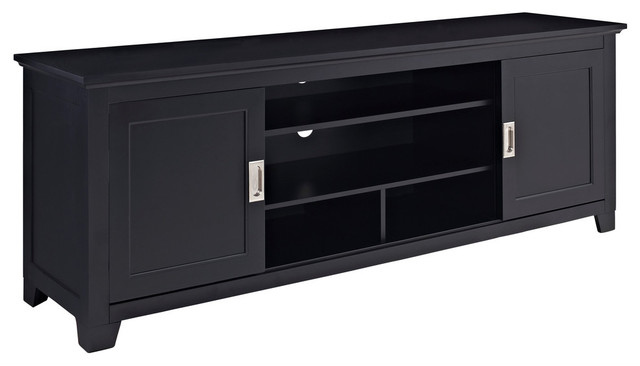 70" Black Wood TV Stand With Sliding Doors