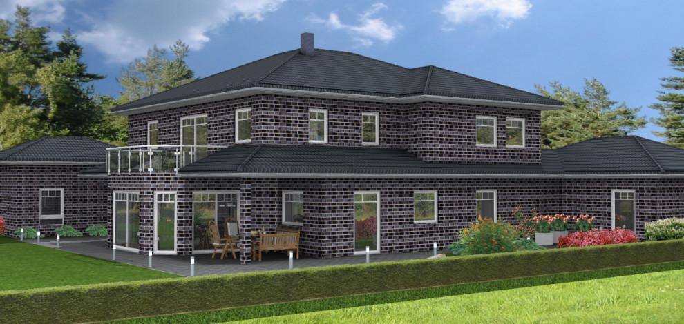 Großes, Einstöckiges Stilmix Einfamilienhaus mit schwarzer Fassadenfarbe, Walmdach, Ziegeldach, schwarzem Dach und gestrichenen Ziegeln in Hannover