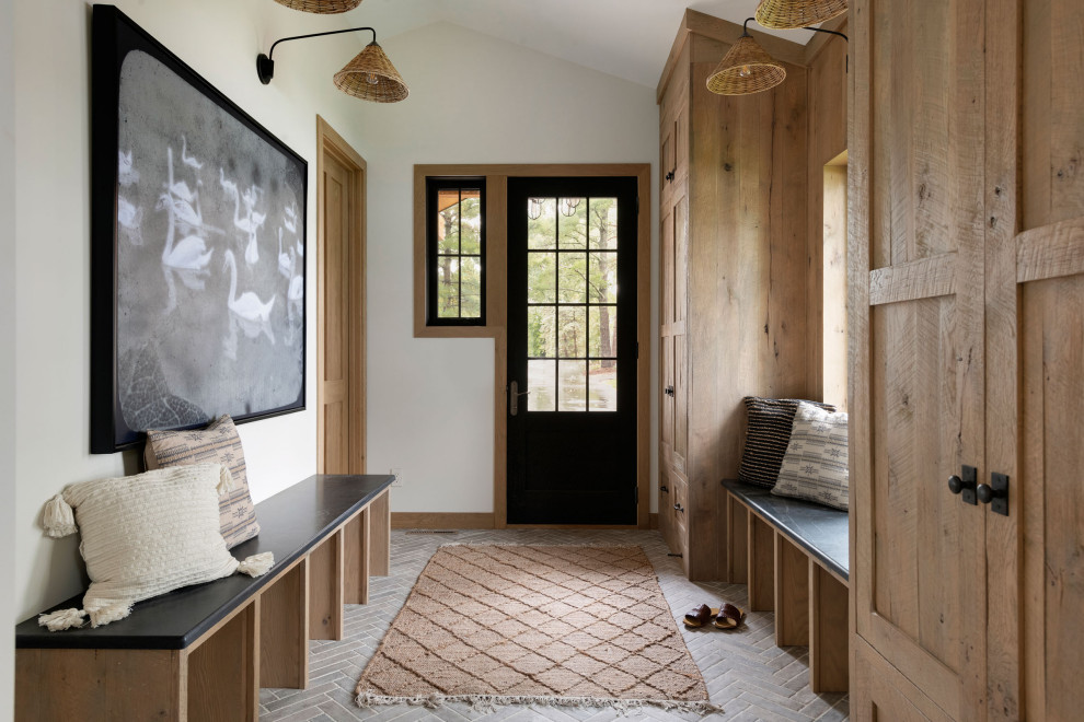 Photo of a contemporary mudroom in Minneapolis with white walls, a single front door, a glass front door and vaulted.