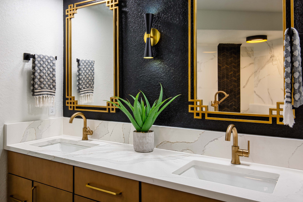 Example of a huge mid-century modern master black and white tile and porcelain tile porcelain tile, black floor and double-sink bathroom design in Orlando with flat-panel cabinets, medium tone wood cabinets, black walls, an undermount sink, quartz countertops, white countertops and a built-in vanity