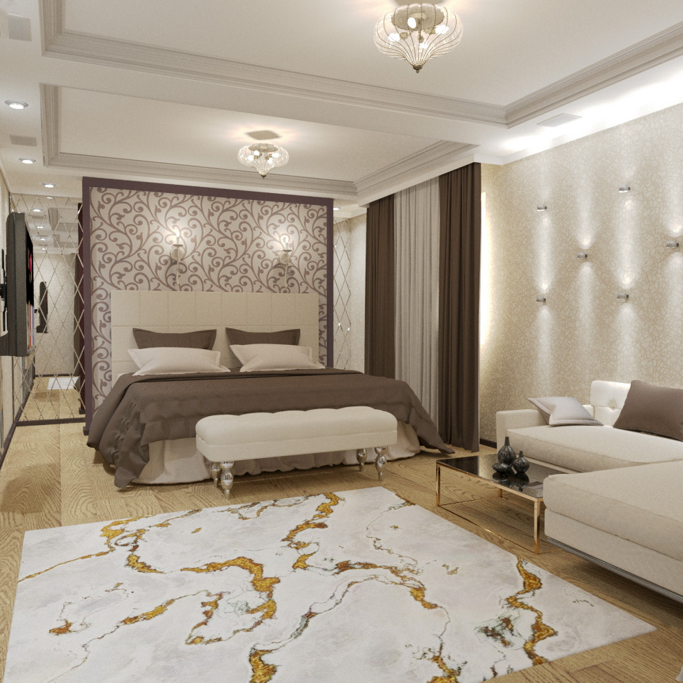 Спальня для семейной пары с переходом в гардеробную