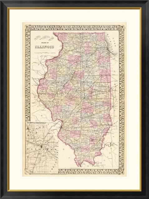 "State of Illinois, 1880" by Samuel Augustus Mitchell, 25x32", 34"x1.5 ...