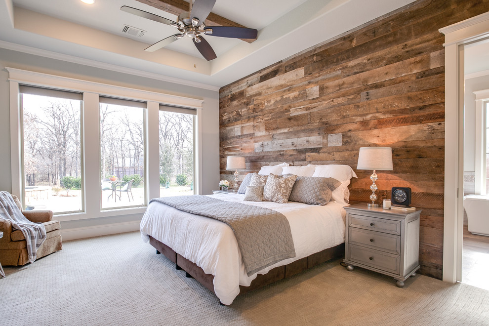 Design ideas for a mid-sized country master bedroom in Dallas with grey walls, carpet and brown floor.