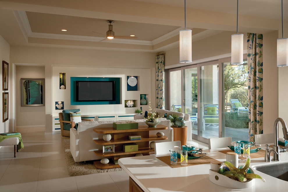 Large contemporary open concept living room in Phoenix with beige walls, porcelain floors, a wall-mounted tv and beige floor.