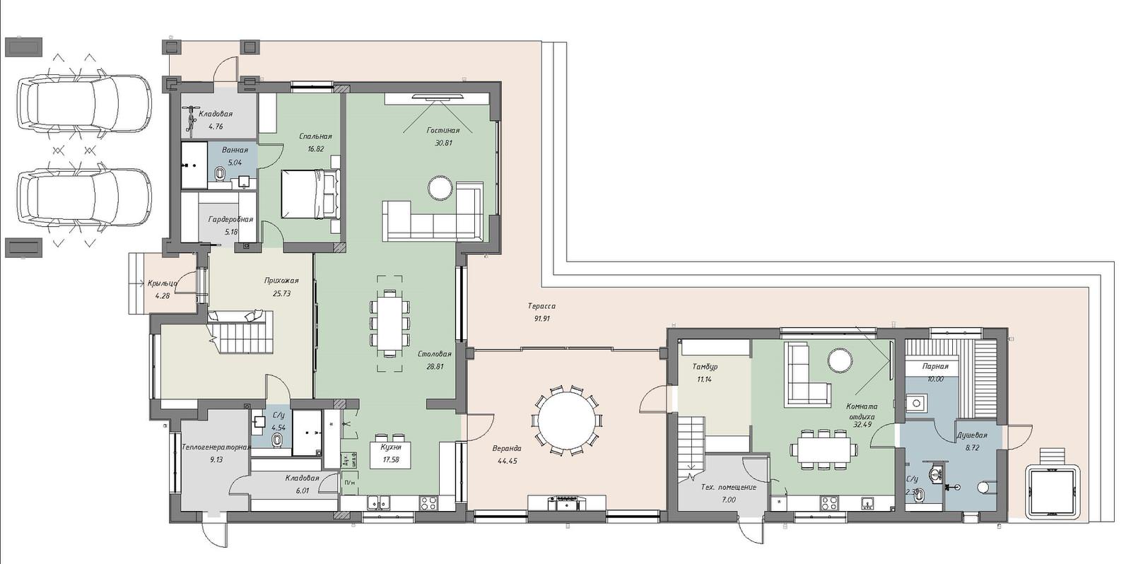 Современный дом с баней и террасой