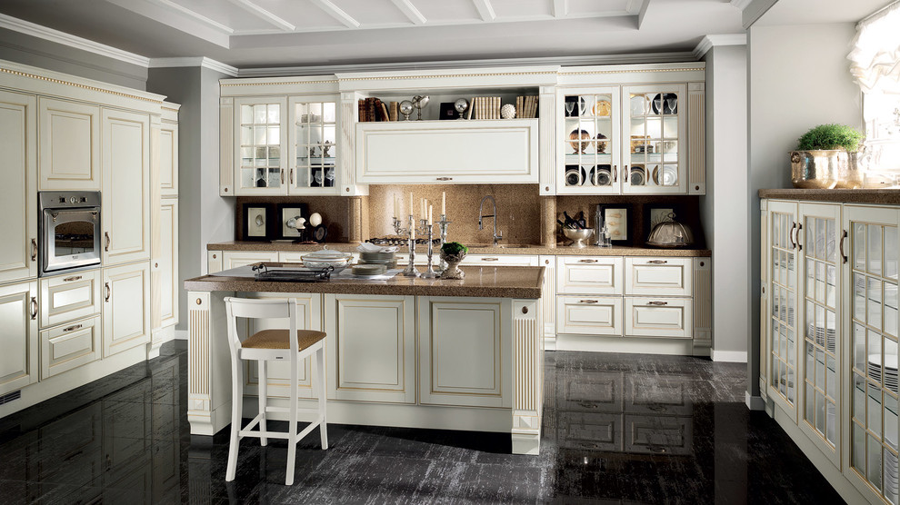 Photo of a large traditional galley eat-in kitchen in Melbourne with a double-bowl sink, raised-panel cabinets, white cabinets, quartzite benchtops, multi-coloured splashback, stone slab splashback, white appliances, painted wood floors and multiple islands.