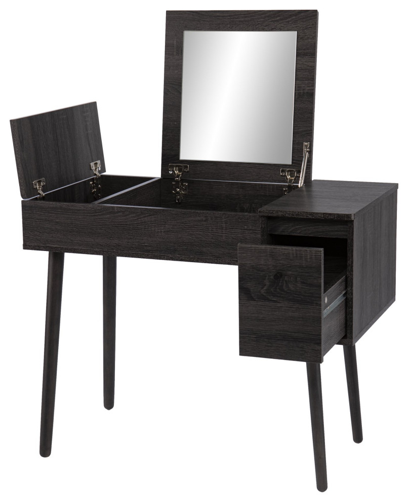 Multifunctional Vanity Table, Flip Up Mirror & Hidden Storage Compartment, Black Midcentury