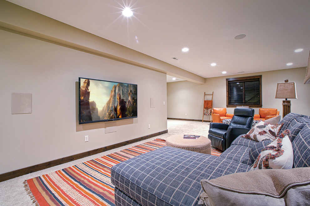Photo of a mid-sized transitional look-out basement in Other with beige walls, carpet, multi-coloured floor and no fireplace.