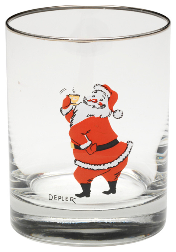 "Jolly Santa" Double Old Fashion Glasses, Silver Rim