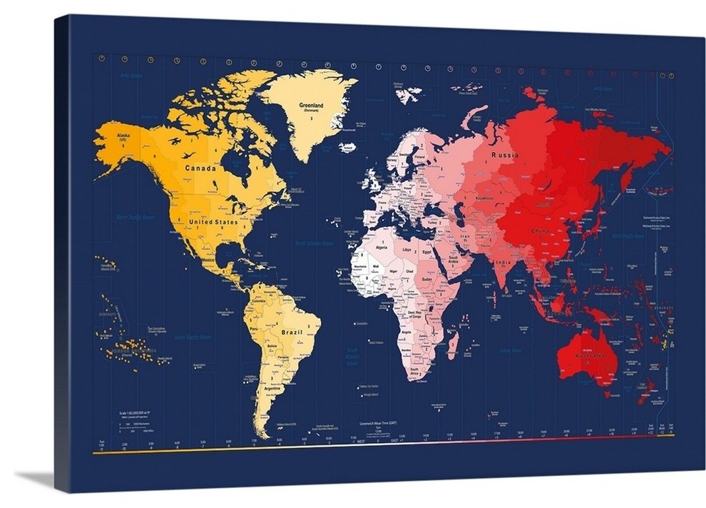 World Timezone map Wrapped Canvas Art Print, 36"x24" Contemporary Prints And Posters by