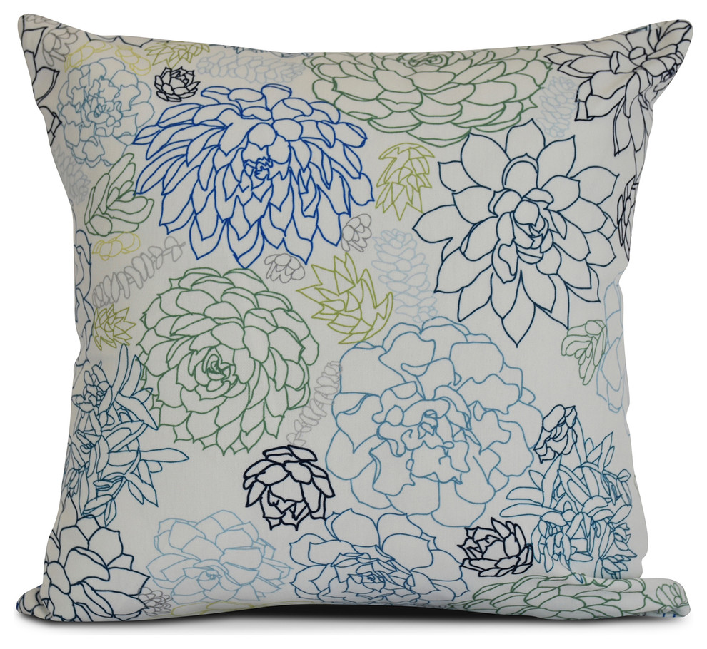 16x16" Floral Outdoor Pillow, Blue, 16"x16" Contemporary Outdoor