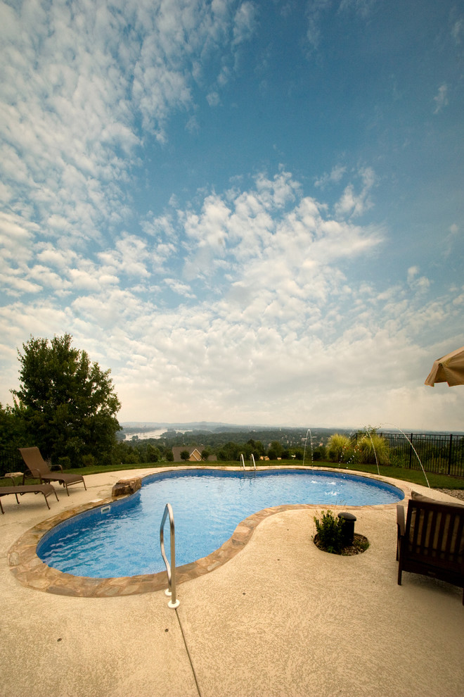 Photo of a mid-sized traditional backyard custom-shaped lap pool in Other with concrete slab.