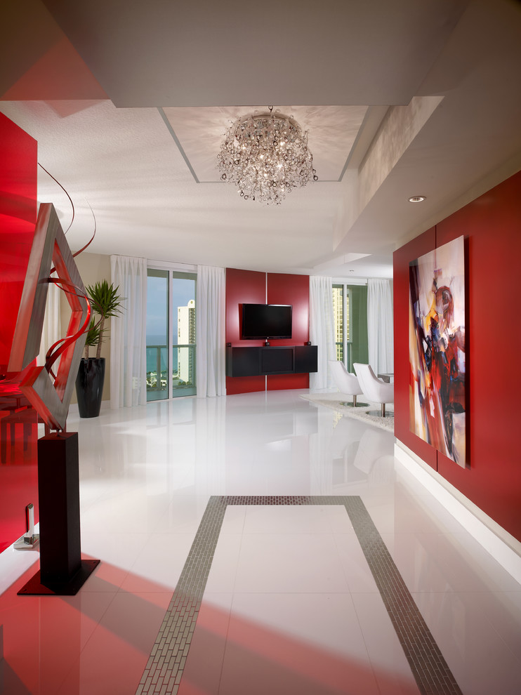 Design ideas for a mid-sized contemporary entry hall in Miami with red walls, ceramic floors, a single front door and a white front door.