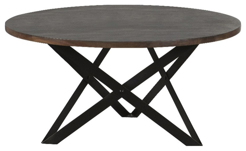 Pemberly Row Wood Round Coffee Table with Intersecting Triangles Base