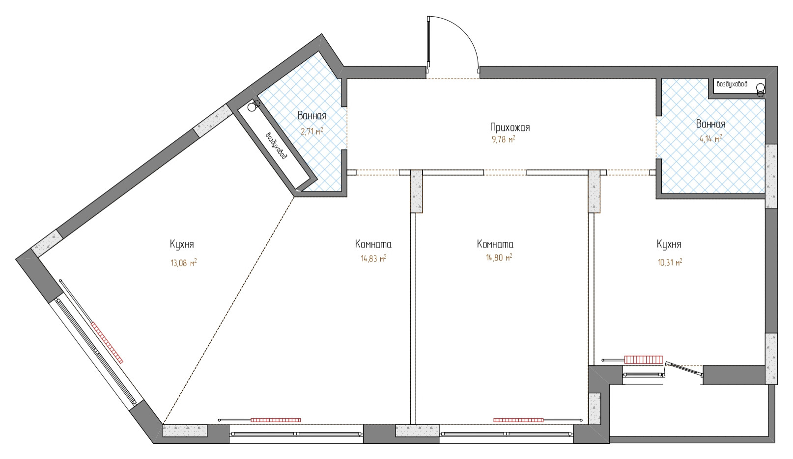 Поиск планировки: 4 плана + финал для квартиры с двумя... кухнями | Houzz  Россия