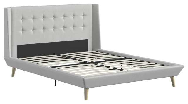 Scandinavian Platform Bed, Splayed Legs & Tufted Headboard, Light Gray, Queen