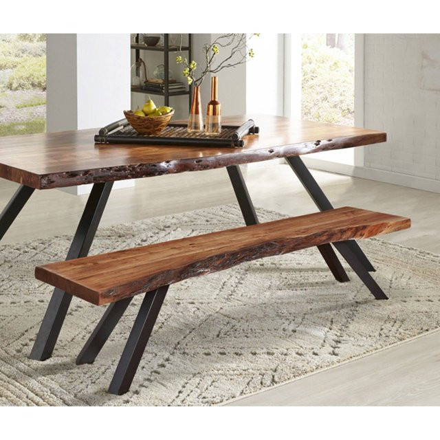 Rustic Modern Solid Acacia Wood Dining Bench, Angled Legs and Natural ...