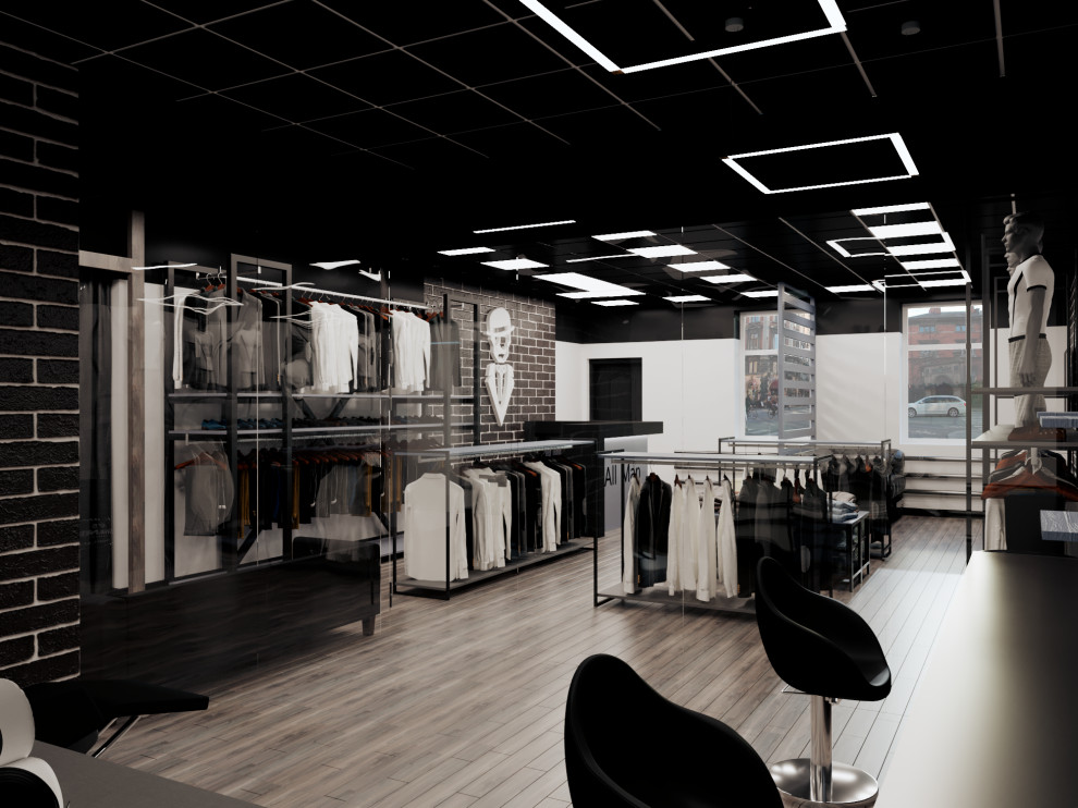 Брутальный лофт. Дизайн интерьера магазина мужской одежды и барбершопа "ALL MAN"