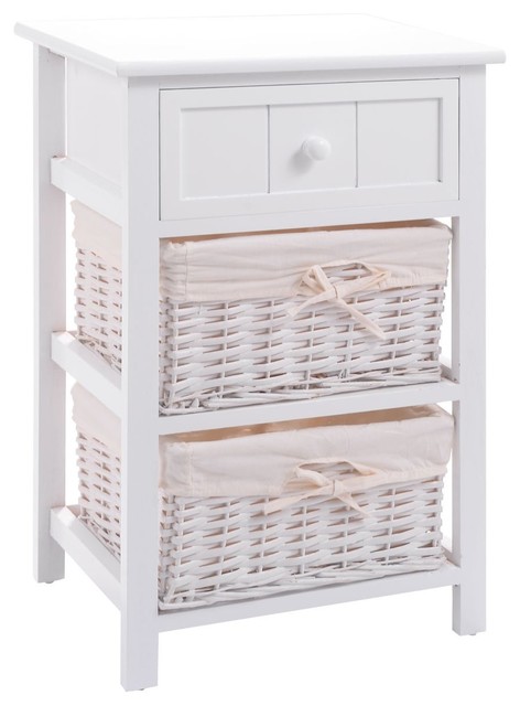 Contemporary Night Stand Wood Drawer And 2 Wicker Basket White
