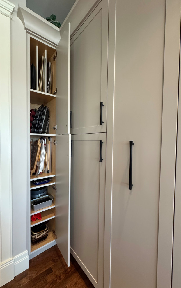 Large transitional single-wall dark wood floor and brown floor kitchen pantry photo in Calgary with shaker cabinets, gray cabinets, quartzite countertops, multicolored backsplash, stone slab backsplash, an island and multicolored countertops