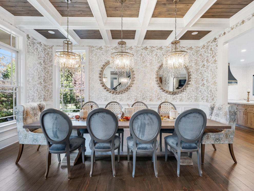 Photo of a transitional dining room in Miami with metallic walls, dark hardwood floors, brown floor, coffered and wallpaper.