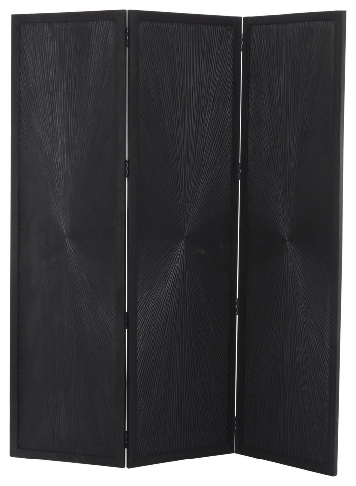 Contemporary Room Divider, 3 Hinged Panels With Carved Starburst
