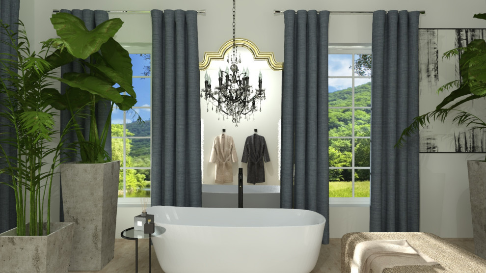 Badezimmer En Suite With freistehender Badewanne, weißer Wandfarbe, Fliesen in Holzoptik, beigem Boden and Tapetenwänden in Leipzig