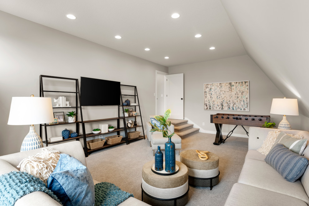 Design ideas for a transitional family room in Minneapolis with a game room, white walls, carpet and white floor.