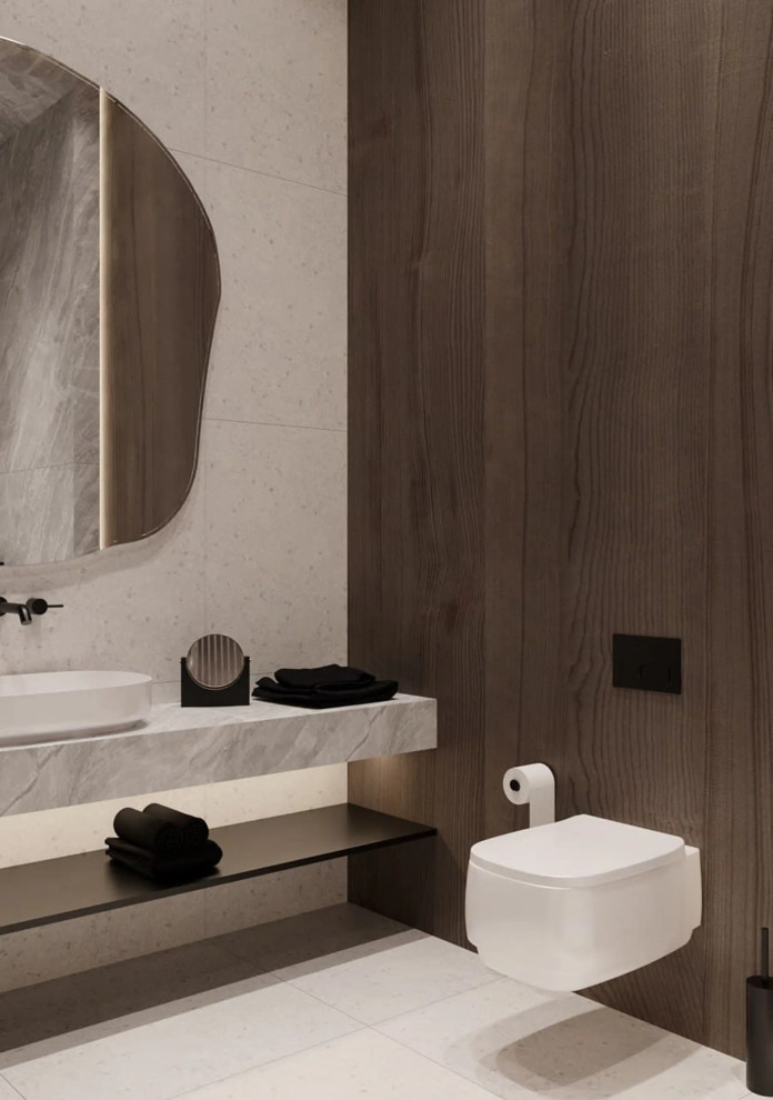 Medium sized contemporary shower room bathroom in Los Angeles with grey tiles, marble tiles, grey walls, light hardwood flooring, marble worktops, beige floors, grey worktops, a single sink and a built in vanity unit.