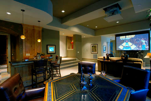 Example of a large trendy open concept carpeted home theater design in Portland with green walls and a projector screen